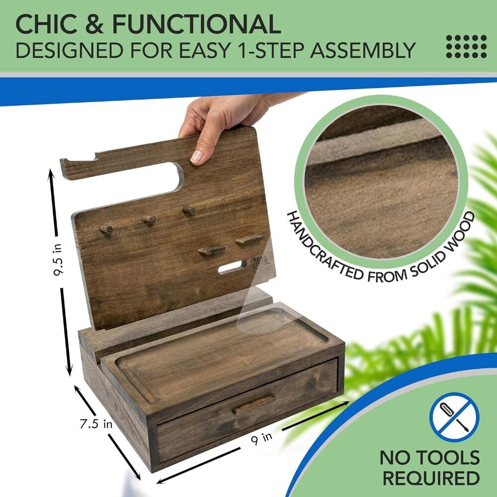 Nightstand Organizer for Men- Rustic Bedside Table Organizer with Drawer for Cel - Picture 4 of 7